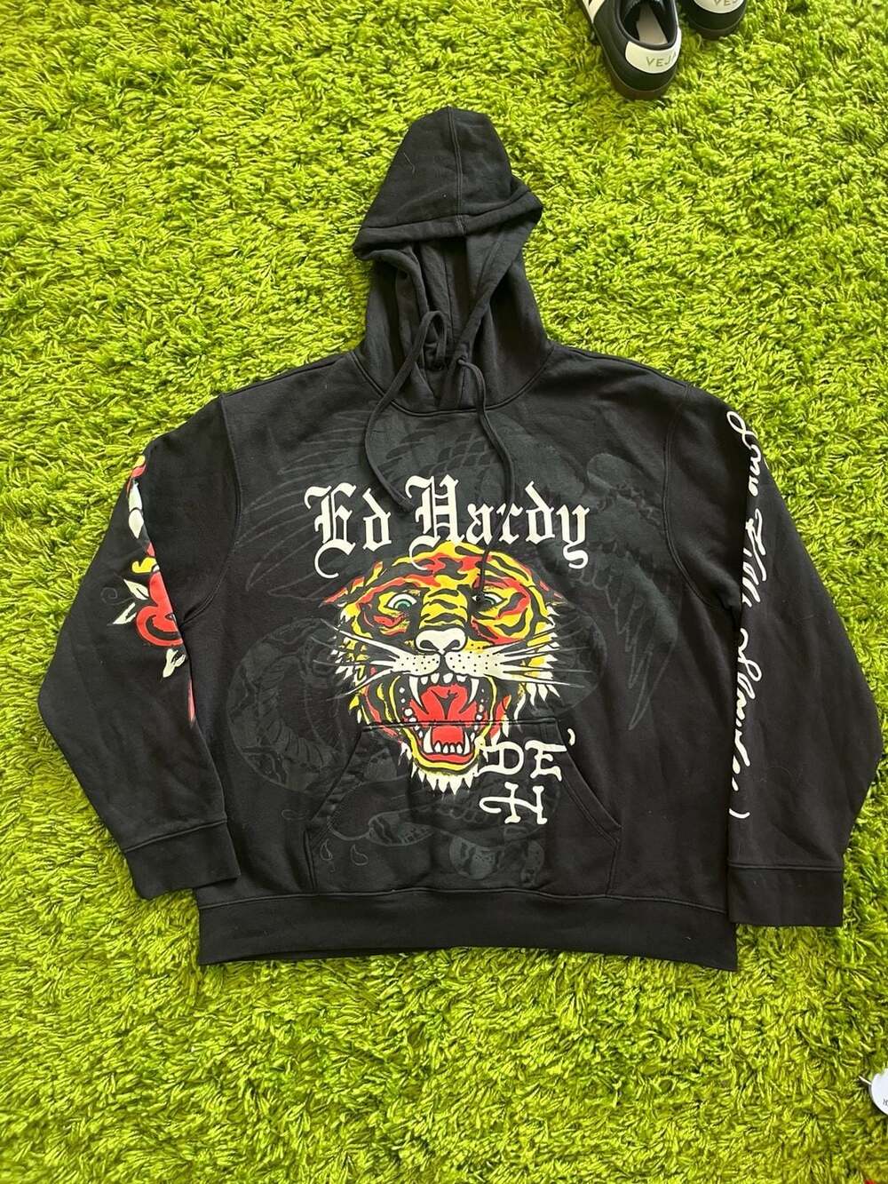 Ed Hardy Tiger Head Graphic Black Pullover Hoodie with Love Kills Slowly Sleeve